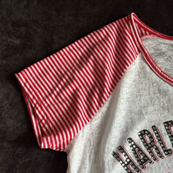 Harley-Davidson Skull Graphic Tee | Size L | Red White Striped Sleeves USA Made - Picture 12 of 14